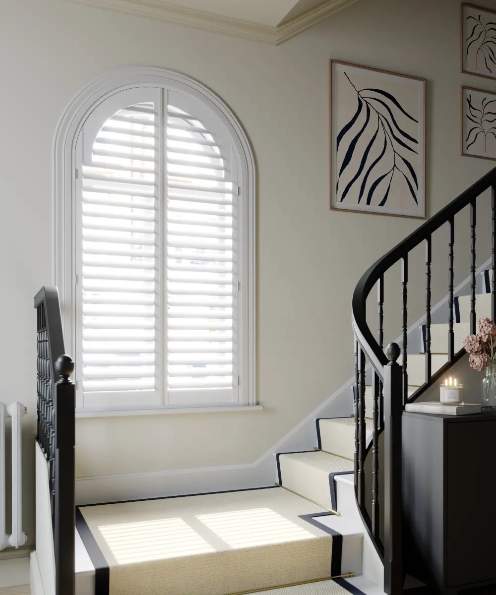 full height arch shaped shutter vivid white 76mm slats