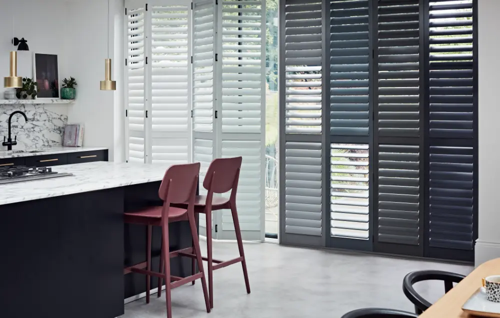 paulownia bi-fold track shutters custom colours open